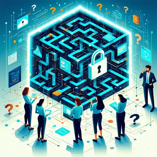 Datenschutz und Transparenz im CRM - Ein Team aus Frauen und Männern steht um ein Labyrinth aus Daten mit einem Schloss in der Mitte