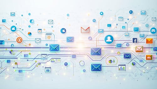 CRM erklärt | Brifumschläge & dynamische Linien und Symbole illustrieren die Konnectivität durch CRM