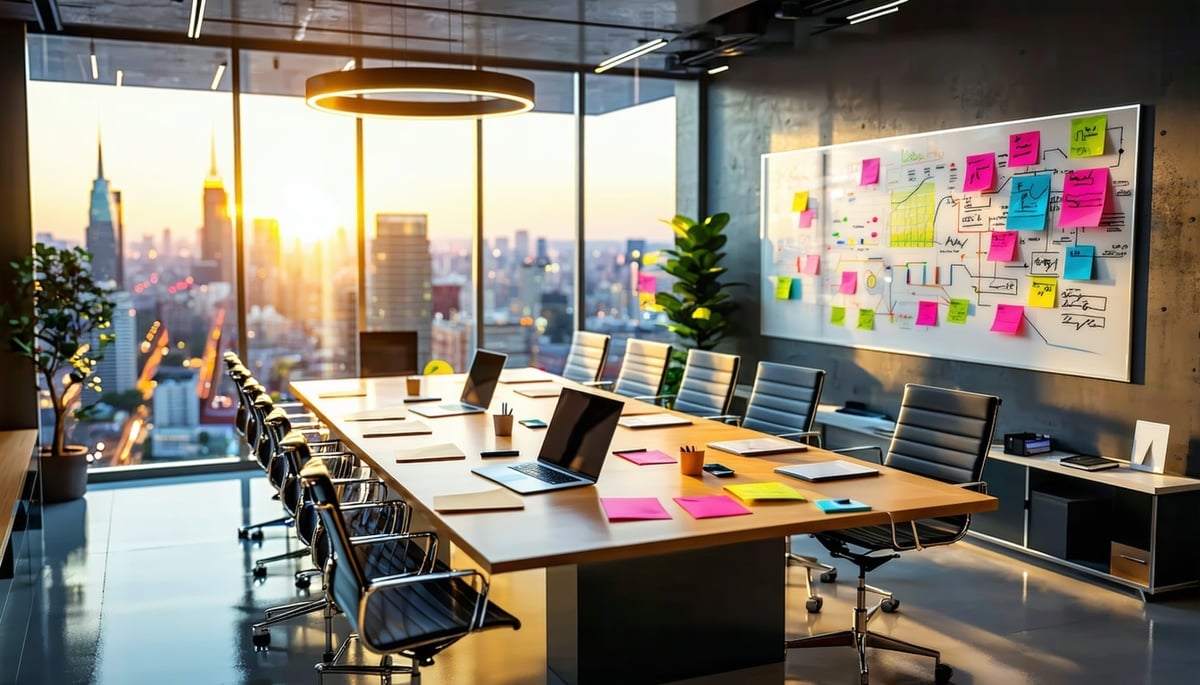 Datenschutz und Transparenz im CRM | Bild von Schreibtisch mit vielen Post-Its und Laptops in einem lichtdurchfluteten Raum