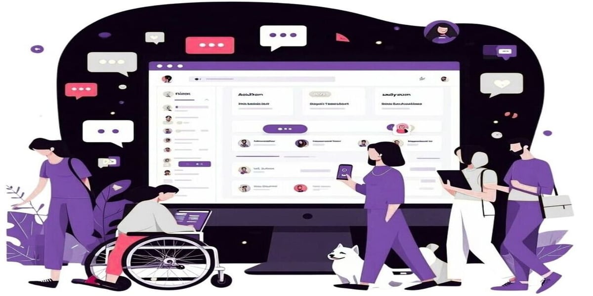 Barrierefreie Websites & Design | Menschen laufen vor Computer mit verschiedenen Geräten & Einschränkungen