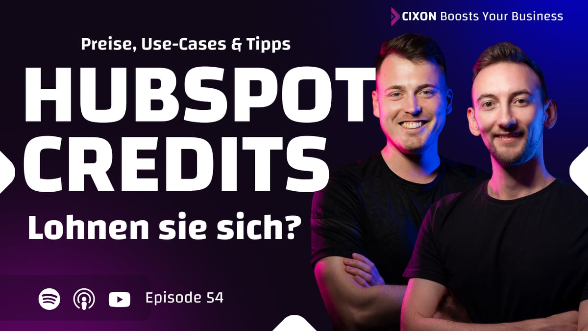 HubSpot Credits | Podcast Thumbnail | Stefan Wendt & Dominik Enzler vor dunklem Hintergrund