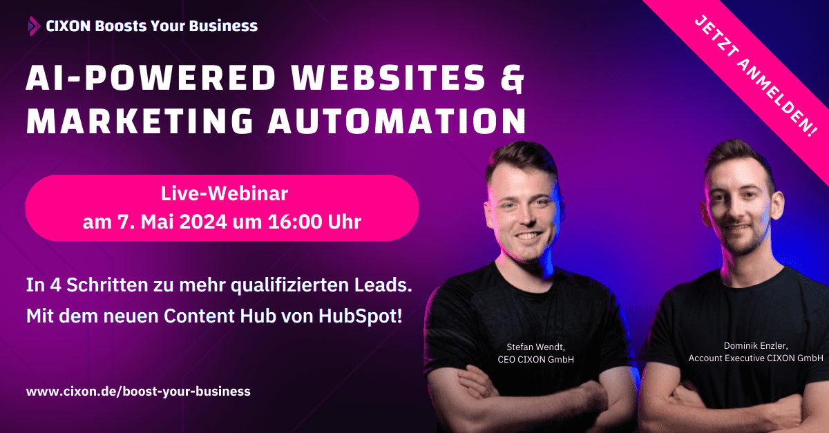 Webinar Banner AI-powered Websites & Marketing Automation mit HubSpot Content Hub - Re-Live On Demand Aufzeichnung