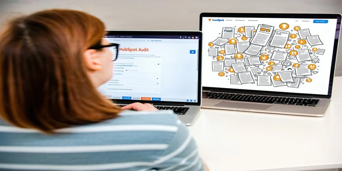 HubSpot Audit | A person with brown hair & glasses sitting infront of two laptops, one showing chaotic documents, the other showing 