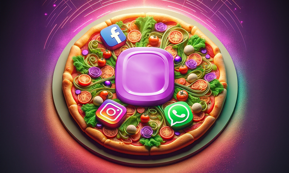 HubSpot CRM Integration 10 Gründe für die HubSpot API - Bild mit Pizza auf lila Hintergrund belegt mit Platine in der Mitte und Social Media Icons daneben