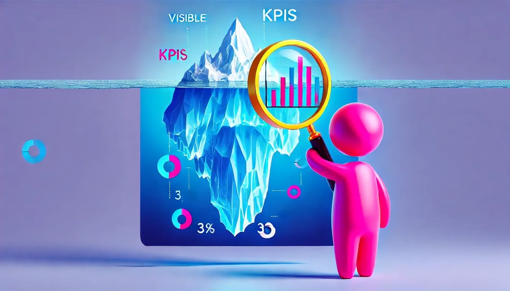 HubSpot für Finanzdienstleister | Pinkes Männchen betrachtet KPIs als Spitze des Eisbergs 