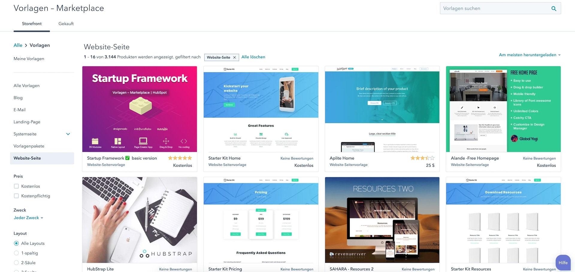 Vorlagen Marketplace von Hubspot mit individuellen Designs