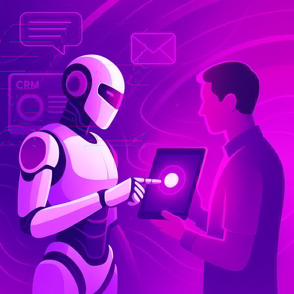 Futuristische Illustration in Pink- und Lilatönen: Ein humanoider Roboter interagiert mit einem Menschen, der ein Tablet hält, umgeben von digitalen Symbolen wie Chat, E-Mail und CRM.