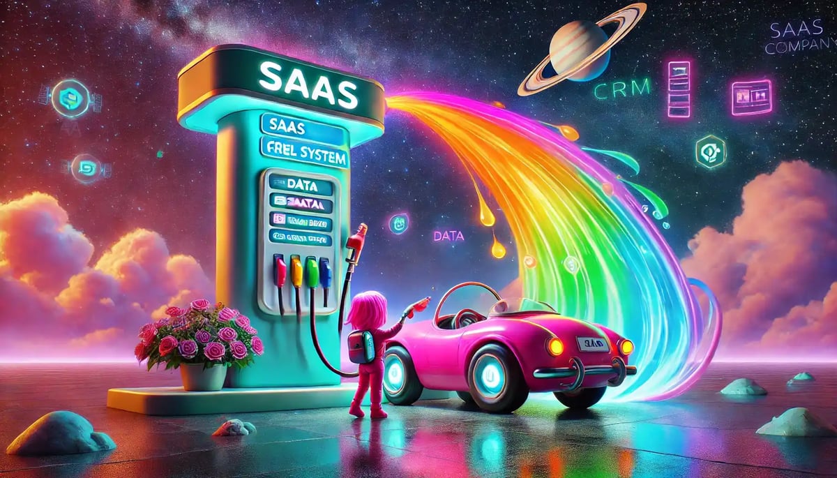 HubSpot für B2B SaaS Tech Unternehmen - Mädchen füllt den Tank eines SaaS-Unternehmen an einer CRM-Tankstelle