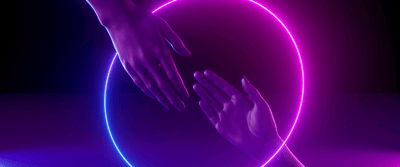 CIXON working with us page - picture where two hands grab each other with purple and pink circle around it