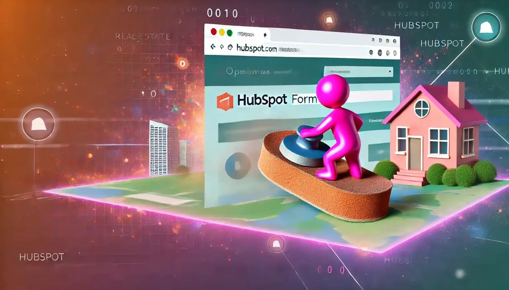 HubSpot für Immobilienmakler - Pinkes Männchen schleift mit HubSpot-Formularen als Schmirgelpapier die Website von Immobilienunternehmen