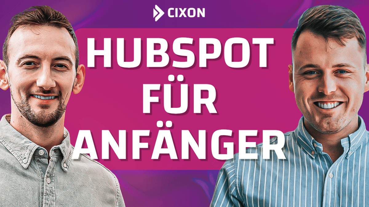HubSpot Setup Guide | HubSpot für Anfänger in weißer Schrift vor dunklem Hintergrund zwischen Bildern von Dominik Enzler und Stefan Wendt