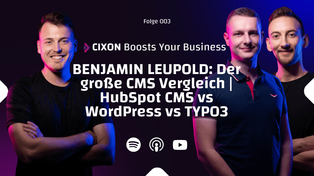 Der große CMS Vergleich - HubSpot CMS vs WordPress vs TYPO3 - Beitragsbild mit Stefan, Dominik, Benjamin vor dunklem Hintergrund