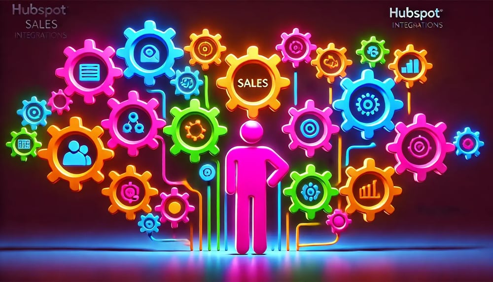 hubspot sales integrations | pink figure interacting with a display of HubSpot sales integrations, symbolized by brightly colored inter