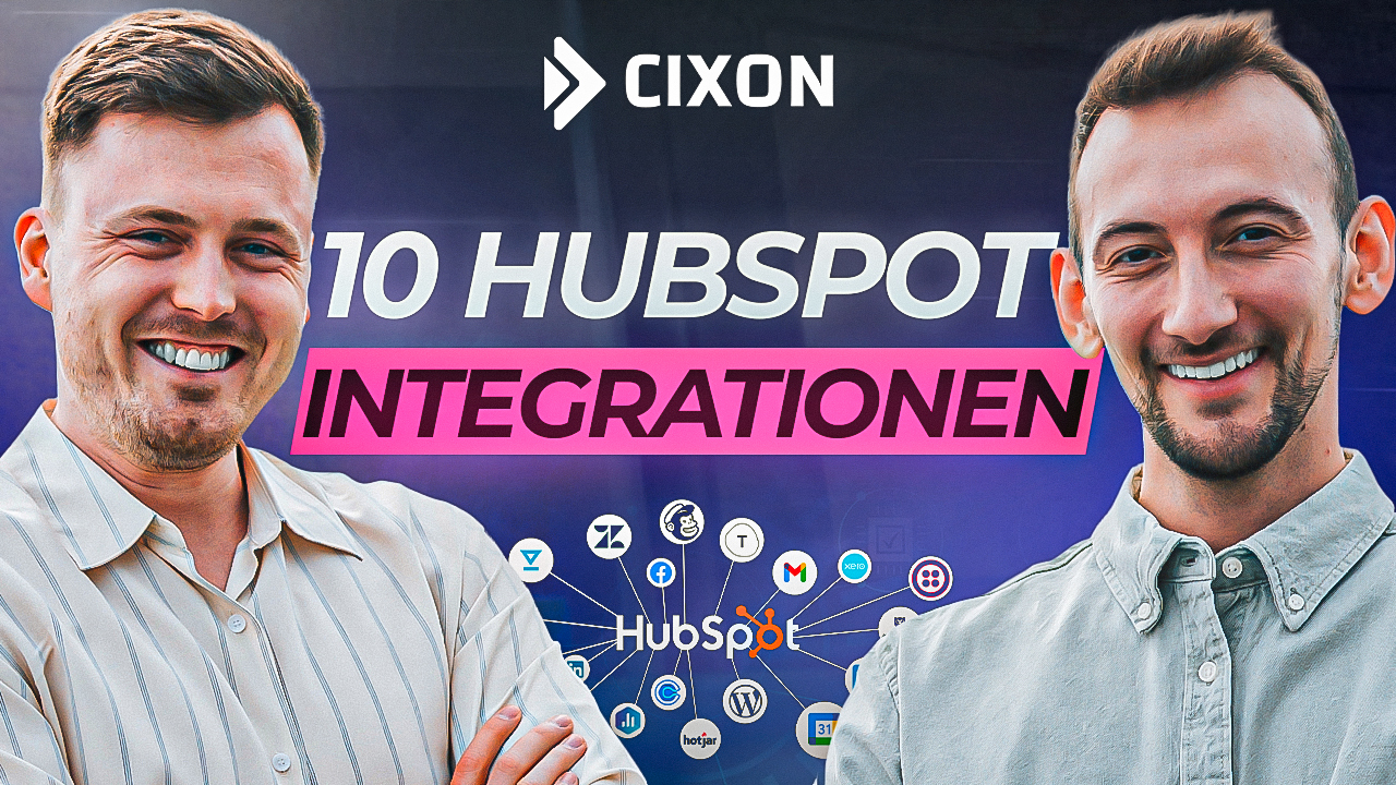 Die 10 besten HubSpot Integrationen | Stefan Wendt & Dominik Enzler vor blau, Hintergrund und einer Netzwerk-Grafik mit verschiedenen Apps