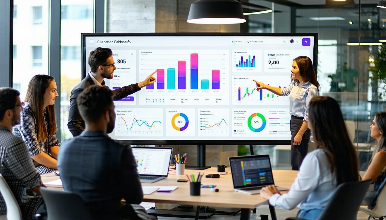 CRM erklärt | Team sitzt am Tisch an Laptops und schaut zu einer Präsentation über CRM 