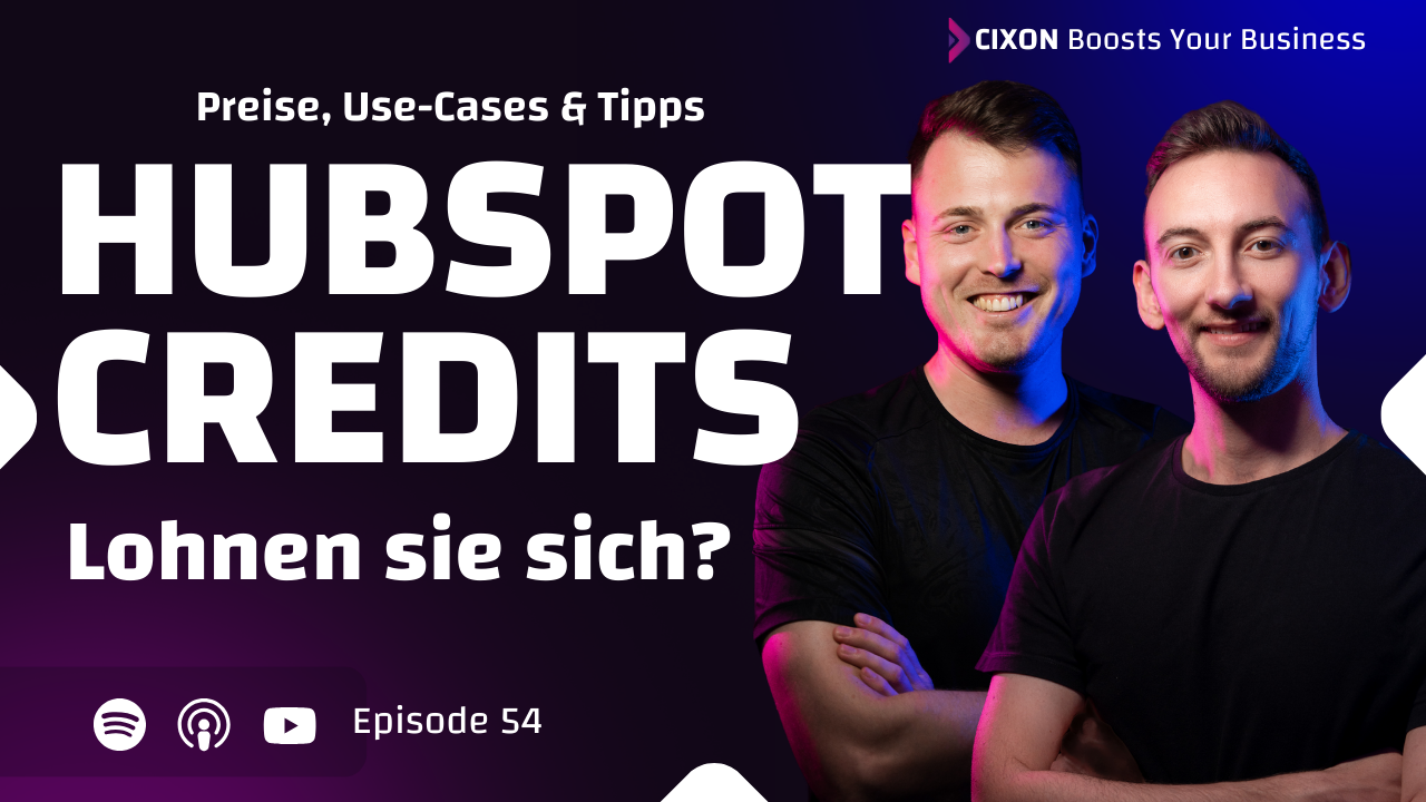 HubSpot Credits | Podcast Thumbnail | Stefan Wendt & Dominik Enzler vor dunklem Hintergrund