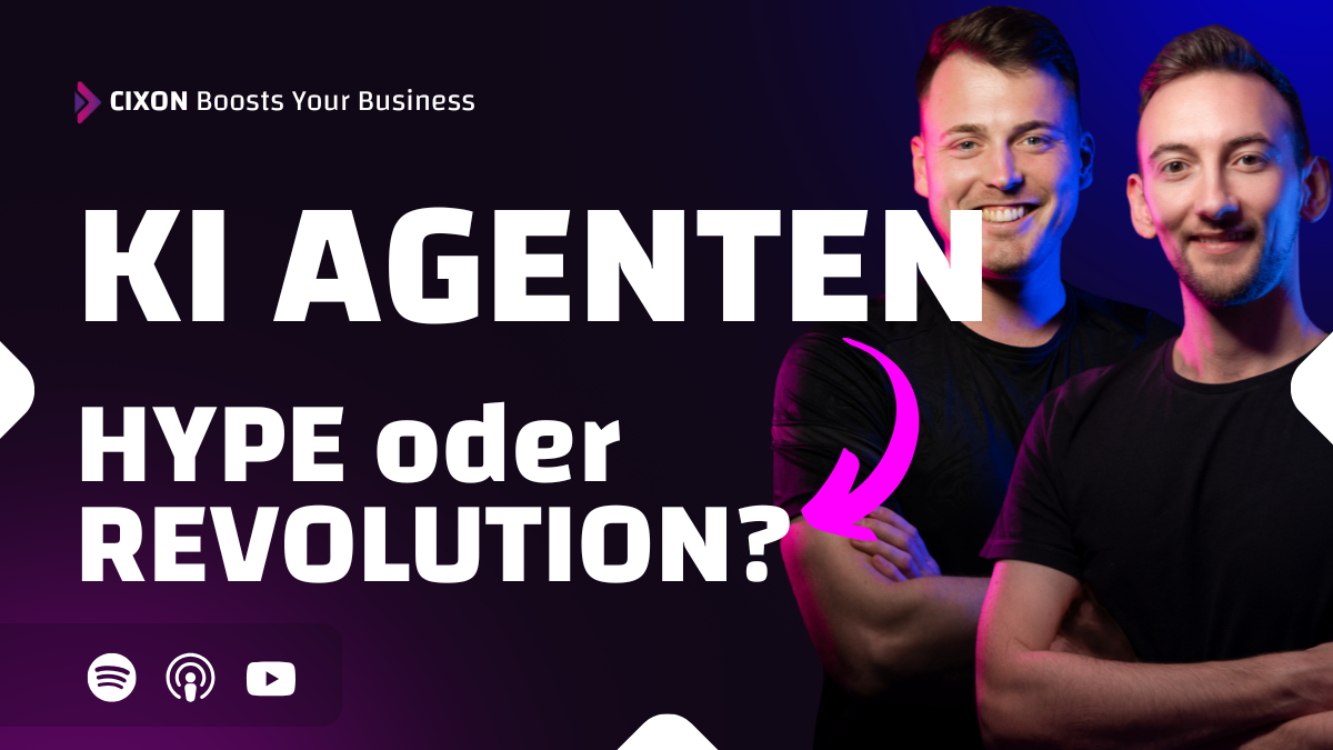 KI Agenten – Hype oder Revolution | Podcast Thumbnail mit Stefan Wendt & Dominik Enzler vor dunklem Hintergrund