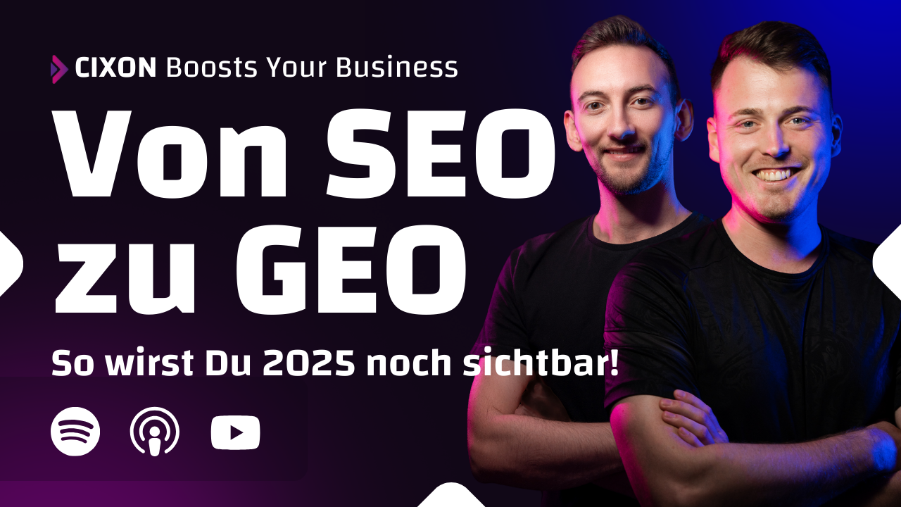 Blog Thumbnail - SEO zu GEO | Stefan Wendt & Dominik Enzler vor dunklem Hintergrund