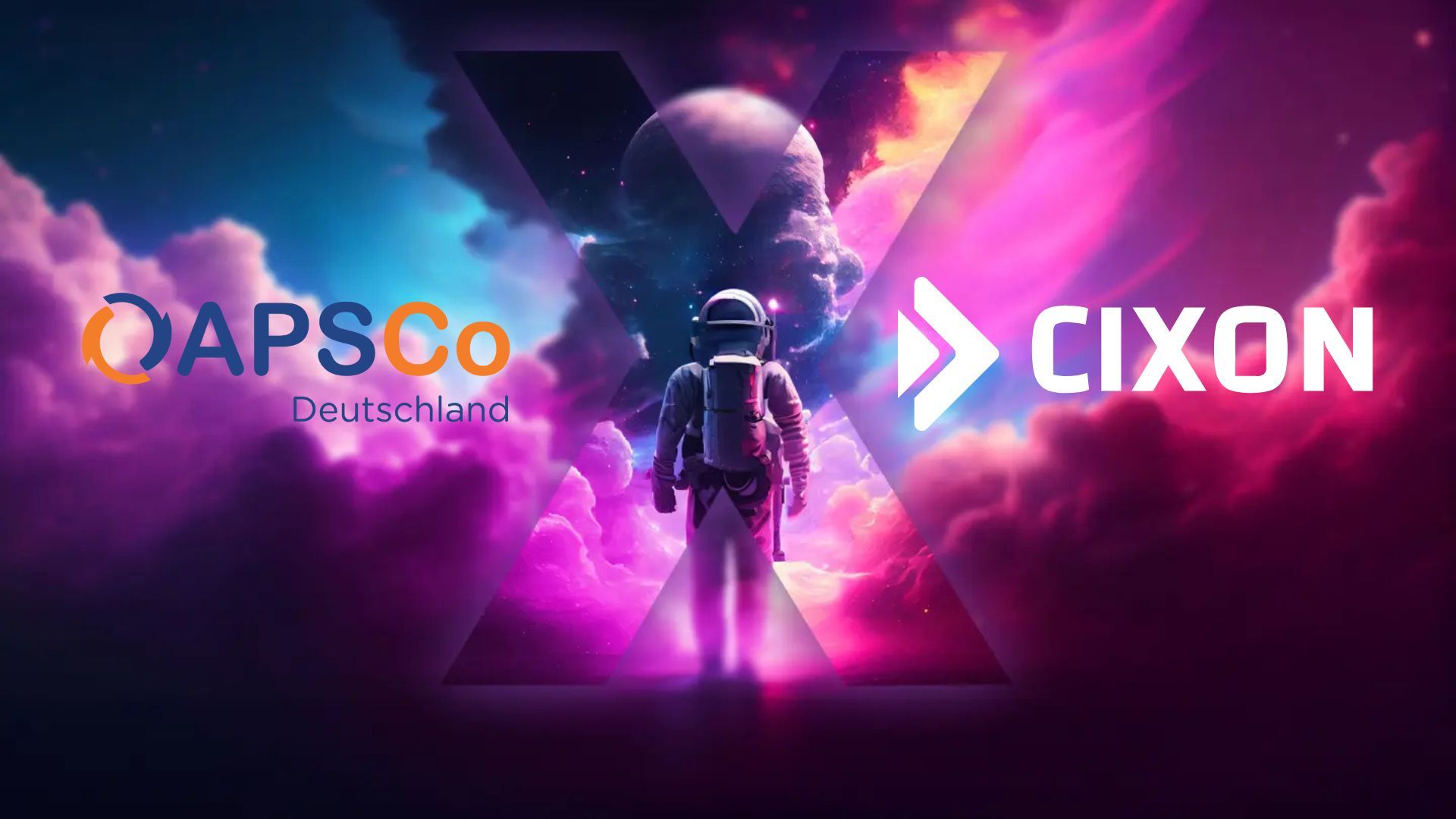 APSCo Deutschland & CIXON | Logos vor lila, pinken Hintergrund mit Astronauten in der Mitte
