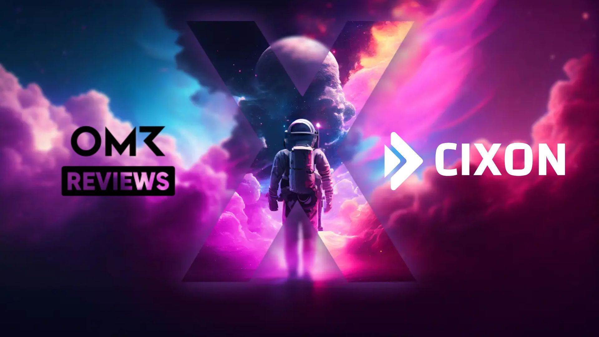 OMR Reviews x CIXON | Beide Lofgos vor blau-lila-pinken Hintergrund und einem Astronauten dazwischen 