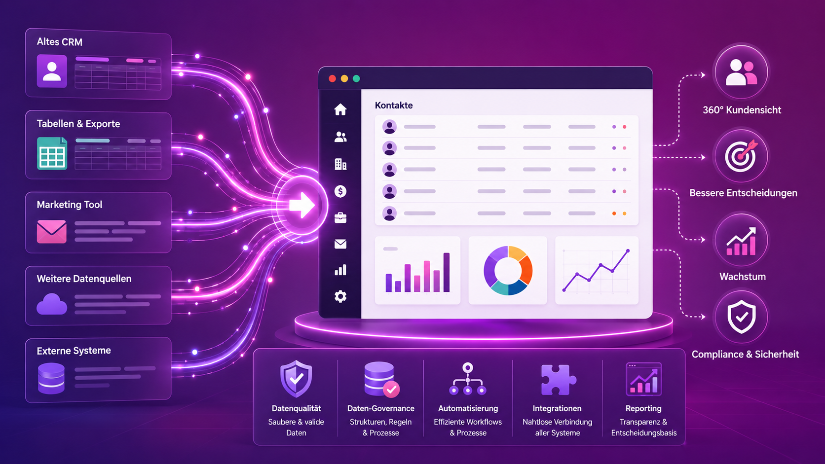 CIXON CRM Datenmigrationspartner in Deutschland 2026 im Vergleich | Visualisierung einer CRM-Datenmigration: Mehrere Datenquellen, Tabellen und Altsysteme fließen über digitale Verbindungen in eine zentrale CRM-Plattform. Das Bild symbolisiert Datenqualität, Daten-Governance, Automatisierung, Integrationen und Reporting für eine erfolgreiche CRM-Einführung und HubSpot-Migration