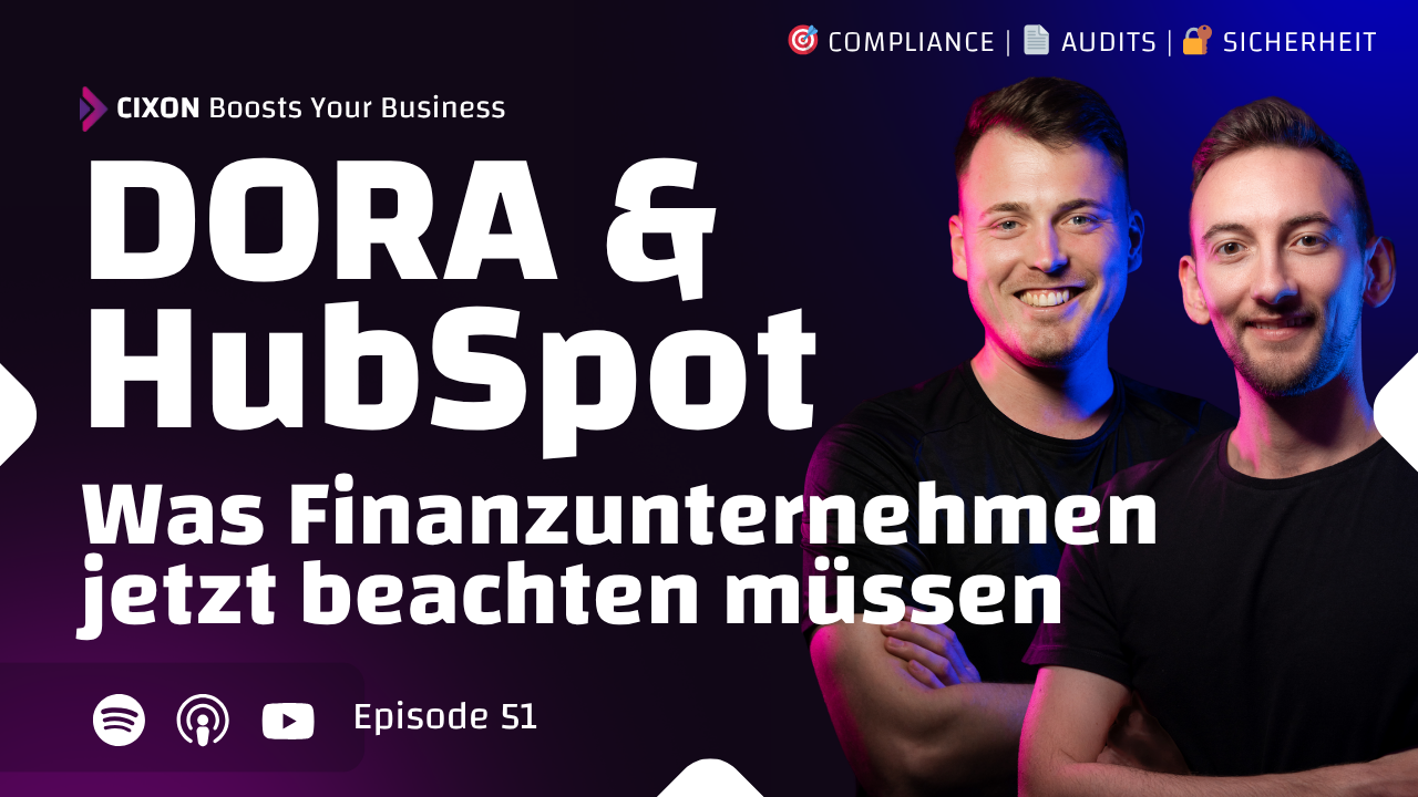 Dora & HubSpot | Thumbnail Podcast | Stefan Wendt & Dominik Enzler vor lila/ blauem Hintergrund