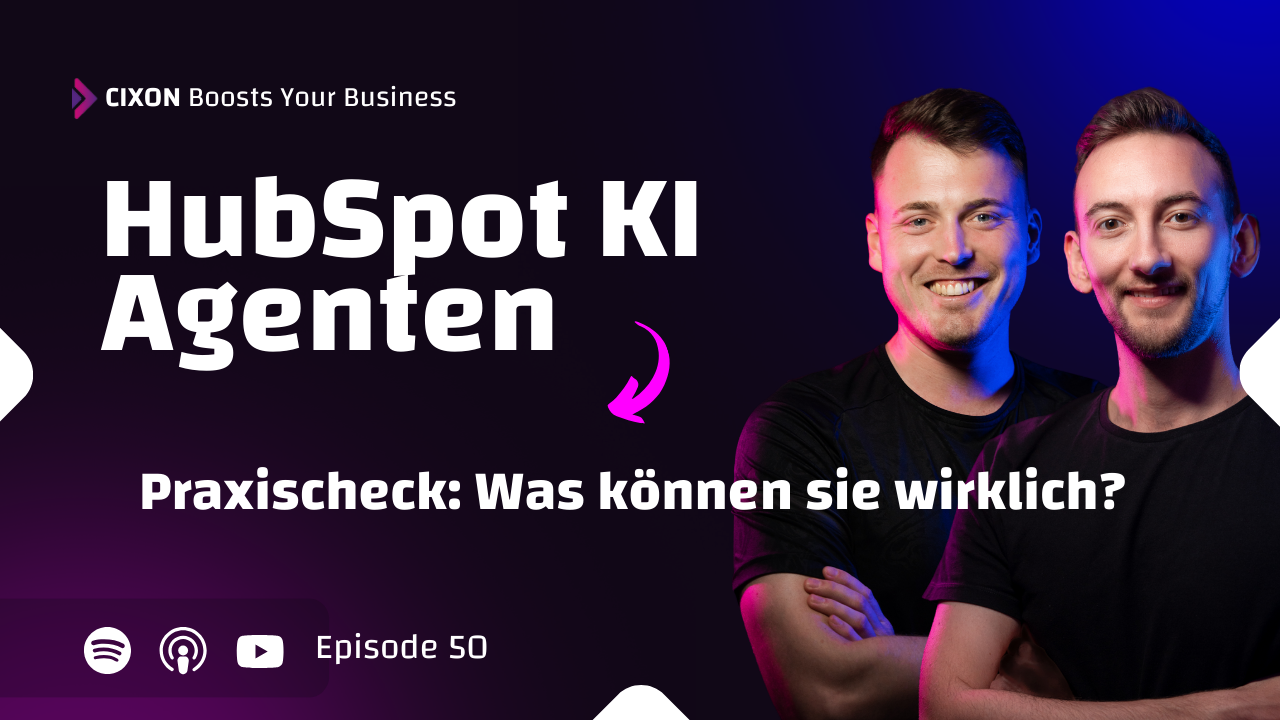 HubSpot KI Agenten | Podcast Thumbnail - Stefan Wendt & Dominik Enzler vor dunklem Hintergrund