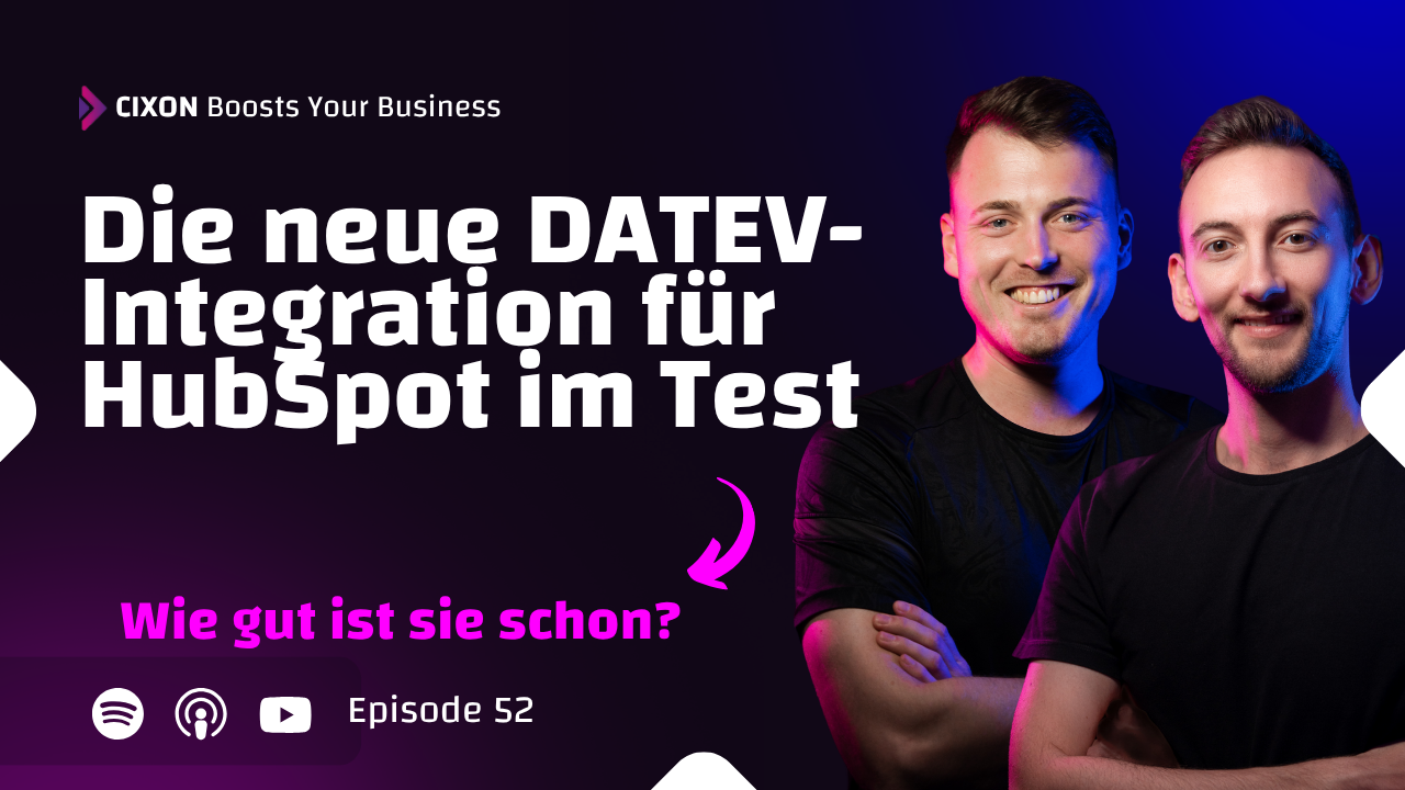 DATEV-Integration für HubSpot | Thumbnail Podcast mit Stefan Wendt & Dominik Enzler vor dunkel-lila/blauem Hintergrund  